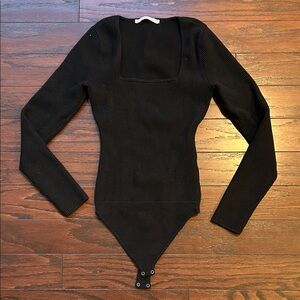 Abercrombie & Fitch Black Ribbed Square-Neck Long-Sleeve Bodysuit